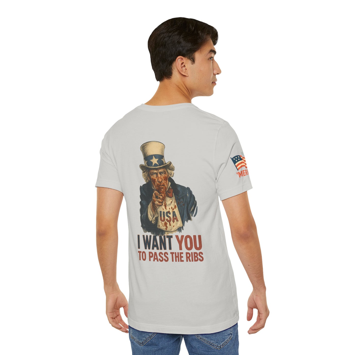 LIMITED EDITION: Uncle Sam's Ribs BBQ Patriotic Tee – Funny 4th of July Shirt, USA Graphic T-Shirt, ‘I Want YOU to Pass the Ribs’