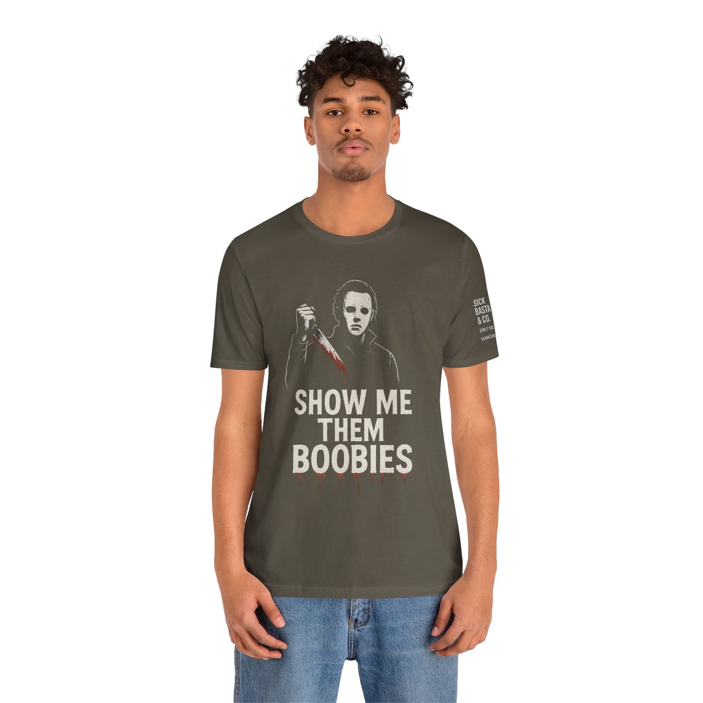 Show Me Them Boobies Tee, Funny Horror-Themed T-Shirt, Halloween Costume Shirt, Unisex Graphic Tee, Unique Gift Idea
