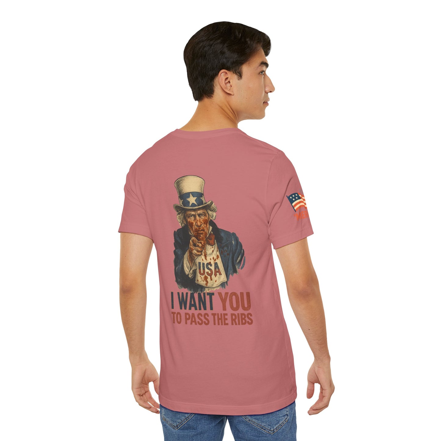 LIMITED EDITION: Uncle Sam's Ribs BBQ Patriotic Tee – Funny 4th of July Shirt, USA Graphic T-Shirt, ‘I Want YOU to Pass the Ribs’