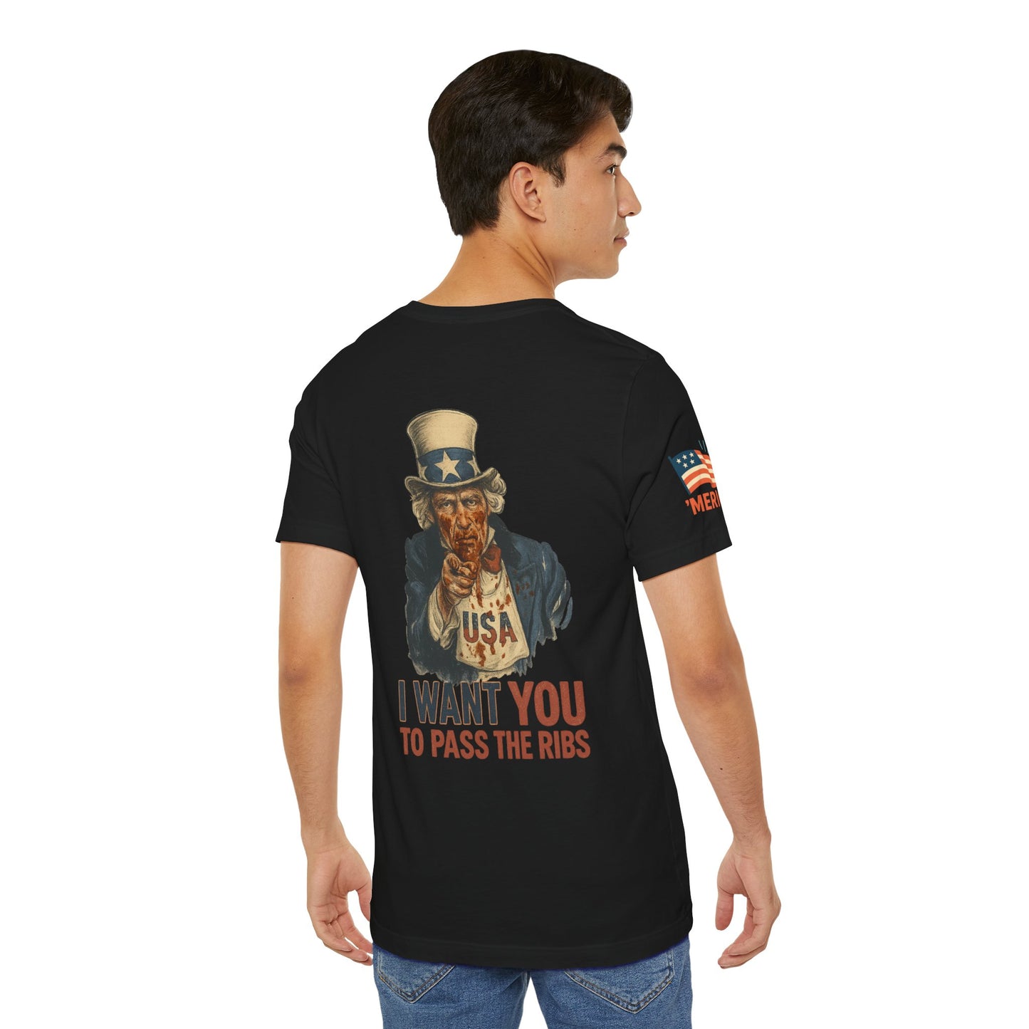 LIMITED EDITION: Uncle Sam's Ribs BBQ Patriotic Tee – Funny 4th of July Shirt, USA Graphic T-Shirt, ‘I Want YOU to Pass the Ribs’