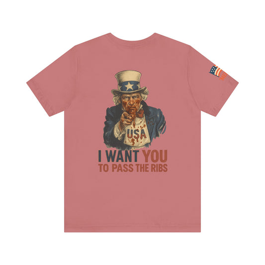 LIMITED EDITION: Uncle Sam's Ribs BBQ Patriotic Tee – Funny 4th of July Shirt, USA Graphic T-Shirt, ‘I Want YOU to Pass the Ribs’